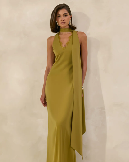 Olive Satin High-Neck Maxi Slip Dress