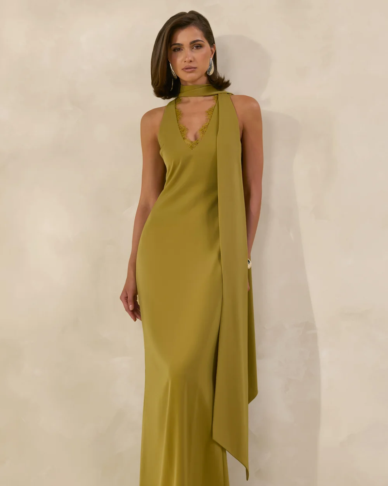 Olive Satin High-Neck Maxi Slip Dress