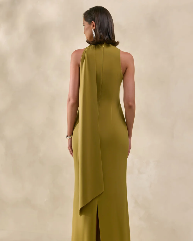 Olive Satin High-Neck Maxi Slip Dress