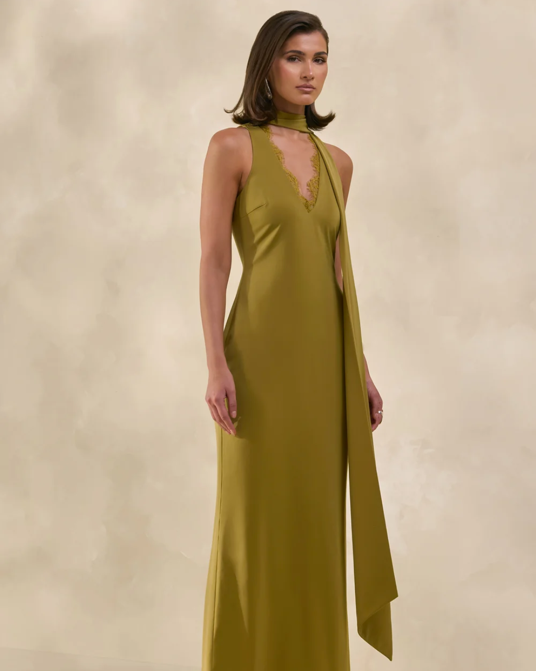 Olive Satin High-Neck Maxi Slip Dress