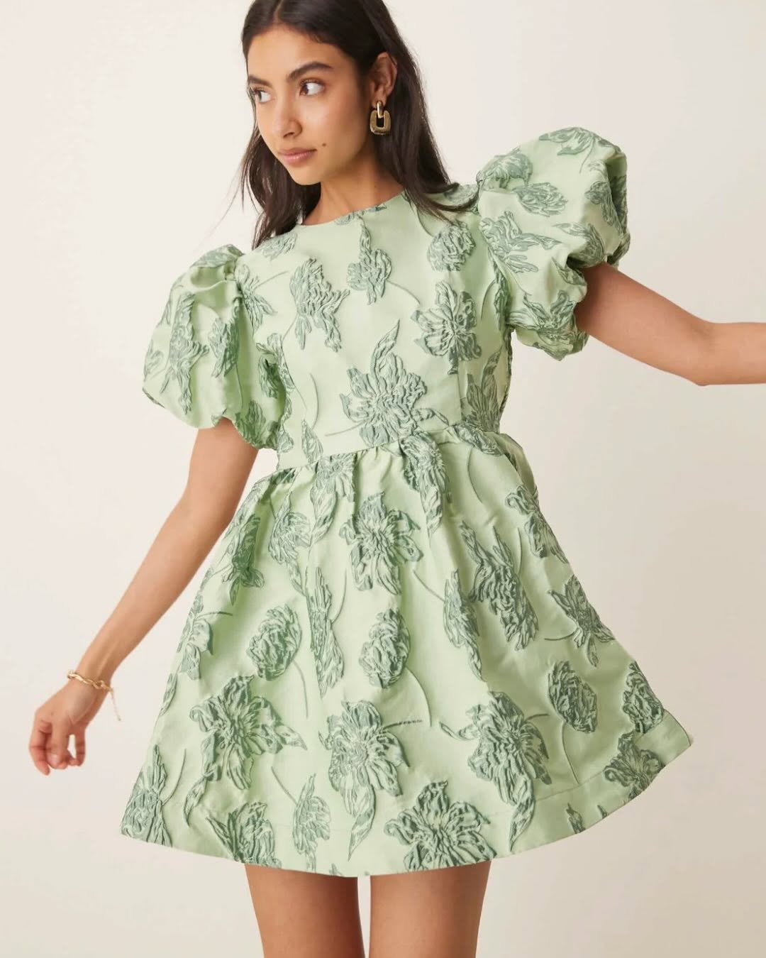 Green Puff Sleeve Mini Dress
