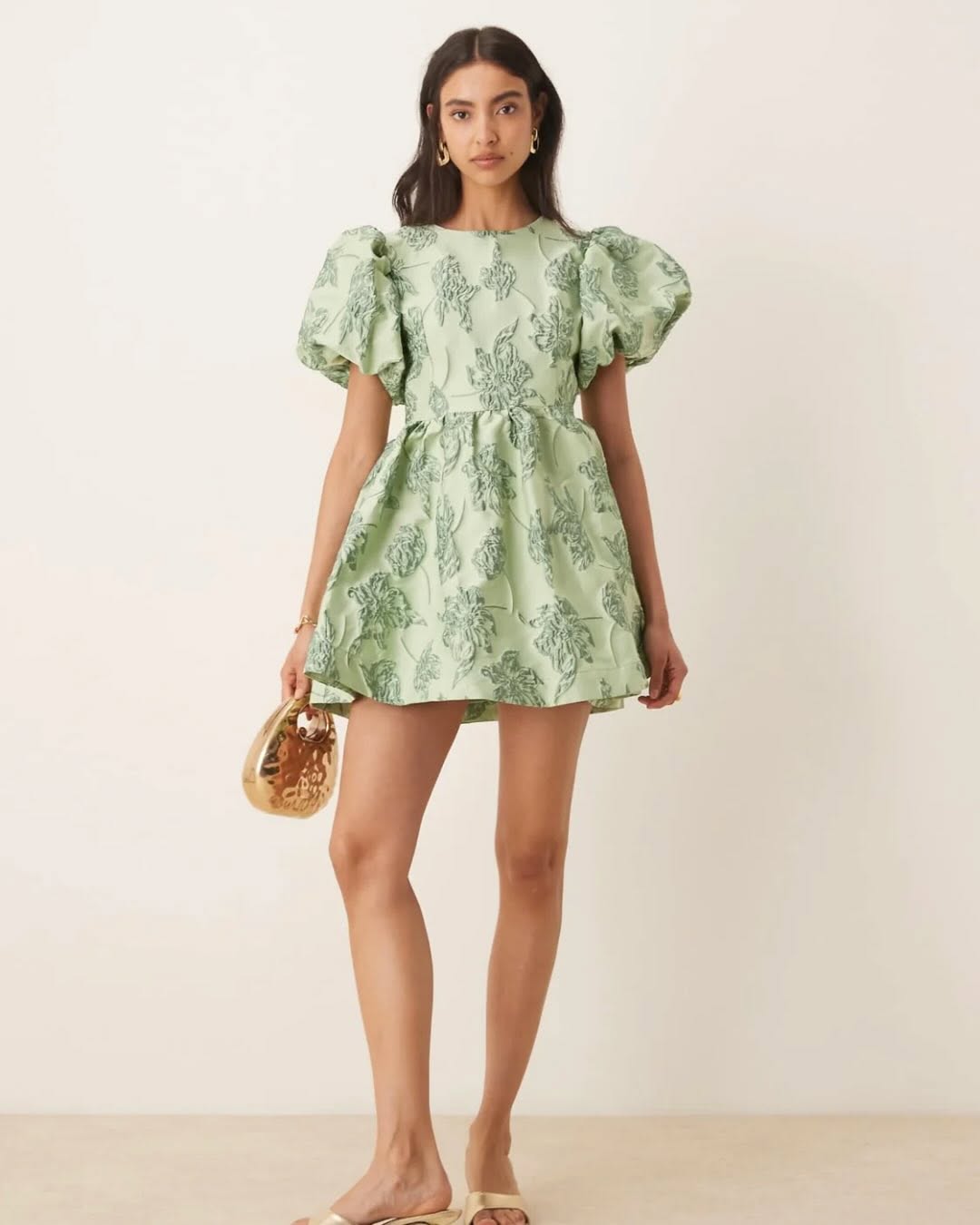 Green Puff Sleeve Mini Dress